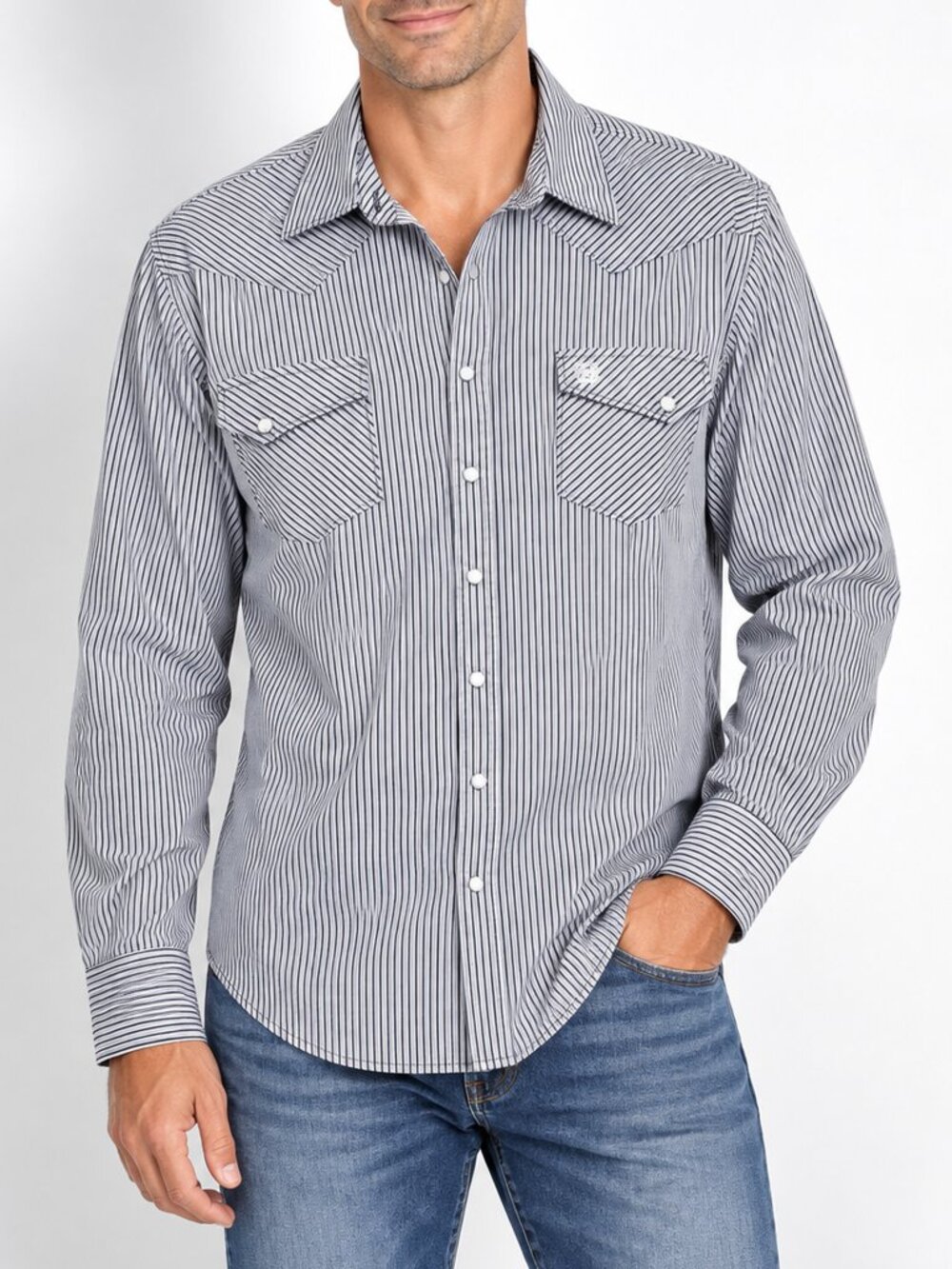 CINCH Men’s XXL Blue White Striped Pearl Snap Western Cowboy Shirt